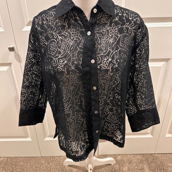 Goodclothes classics size large dressy 3/4 sleeve shirt sheer black floral - Picture 1 of 3